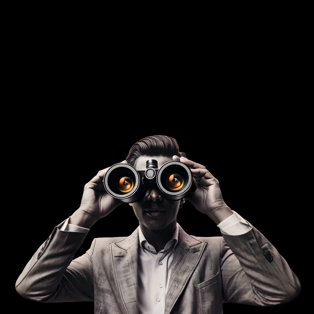 Man observing through binoculars animation isolated asset, transparent 4K video, alpha channel
