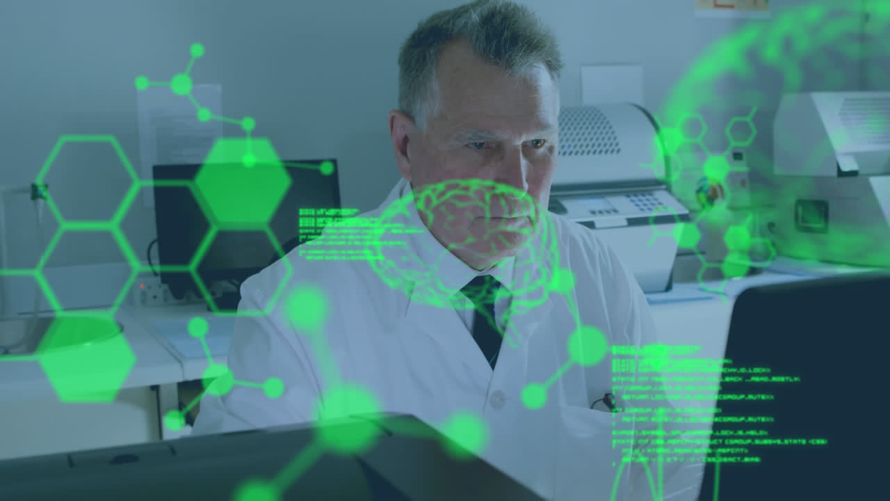 animación del procesamiento de datos, modelo digital del cerebro humano y moléculas sobre el médico usando portátil