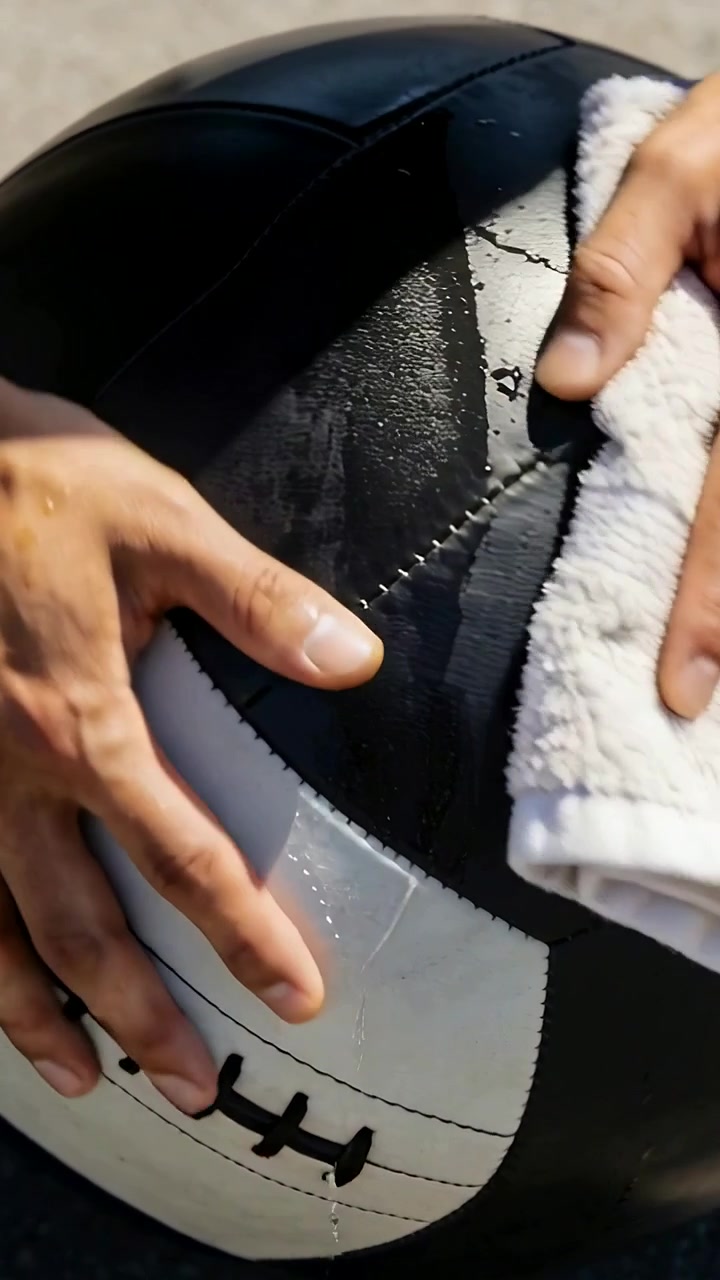 Vertical video: Placing male hands wiping wet football on sunlit pavement, towel absorbing water