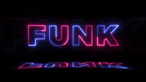 neon glowing word 'funk' on a black background with reflections on a floor. neon glow signs in seamless loop motion graphic