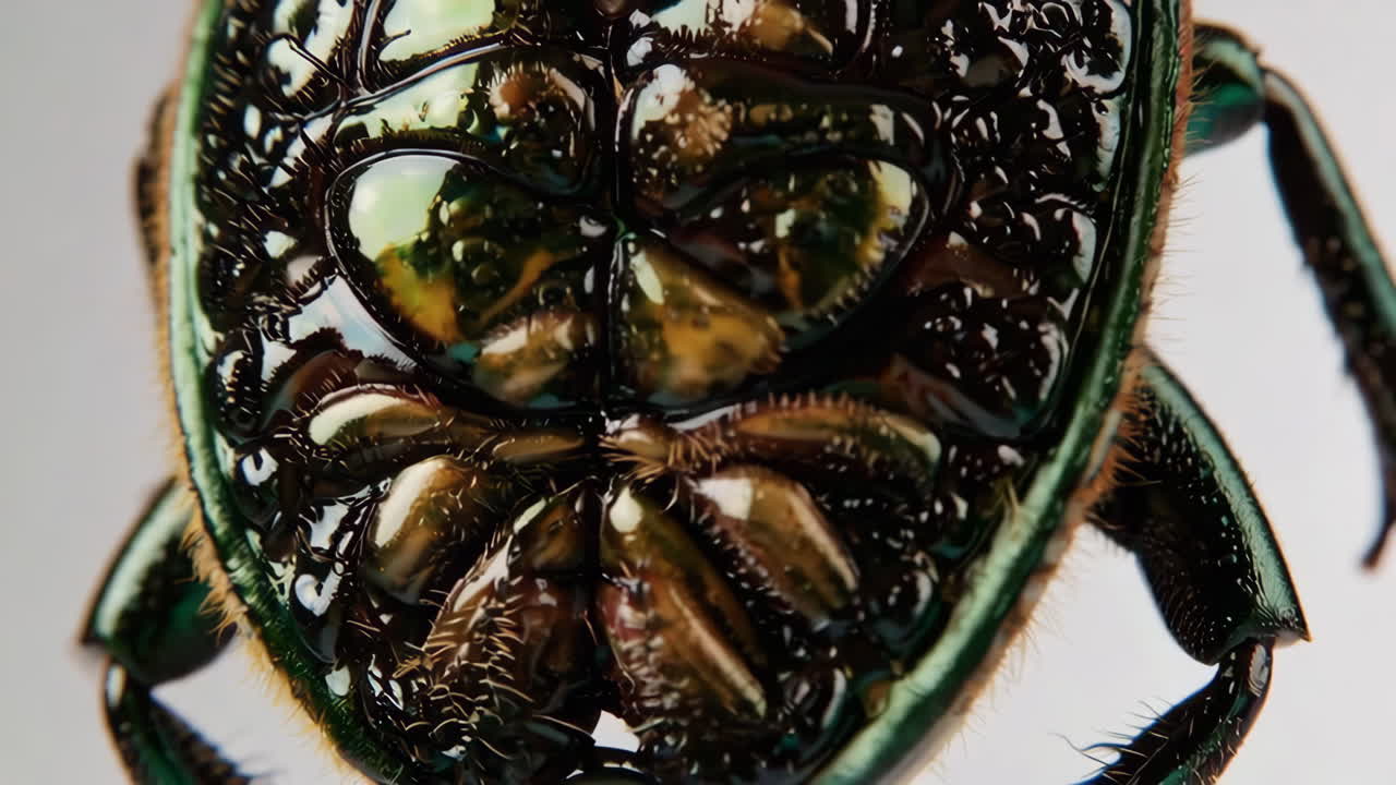 Macro close-up of an iridescent green beetle's underside