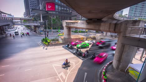 thailand sun light bangkok center traffic crossroad metro line panorama 4k time lapse