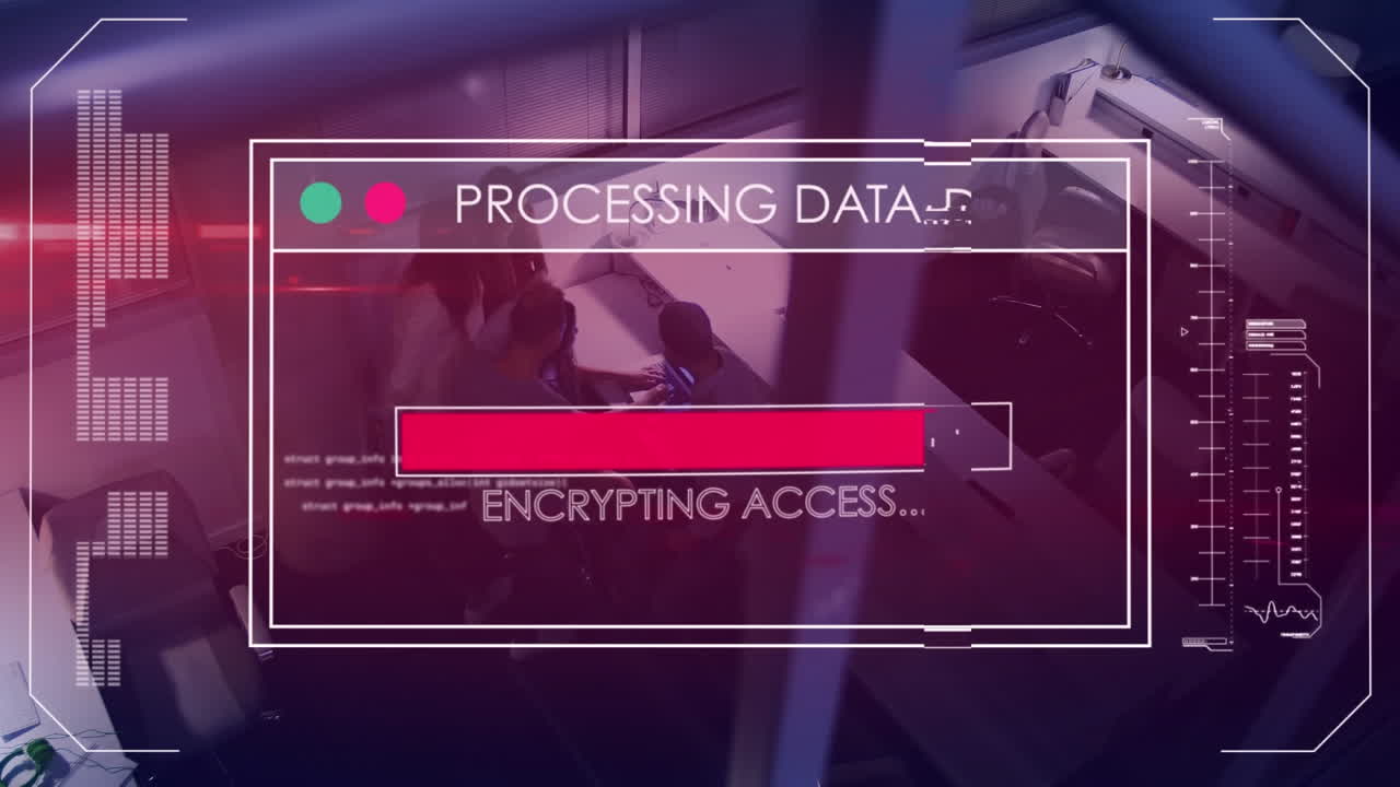 Animation of data processing over business people in office