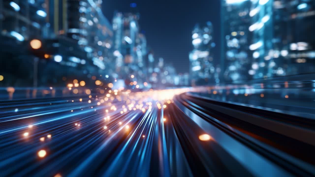 Una vista affascinante di luci scintillanti e scie catturate in una scena urbana dinamica, che mostra l'energia vibrante di una città di notte con effetti di sfocatura da movimento