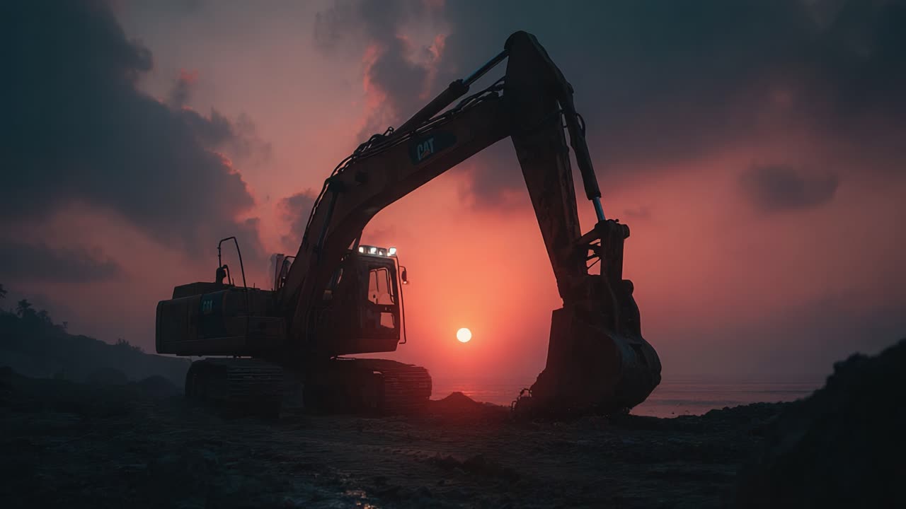 Silhuet af en gravemaskine mod en dramatisk solnedgang ved kystlinjen, der fanger den perfekte blanding af natur og tunge maskiner i en fortryllende scene