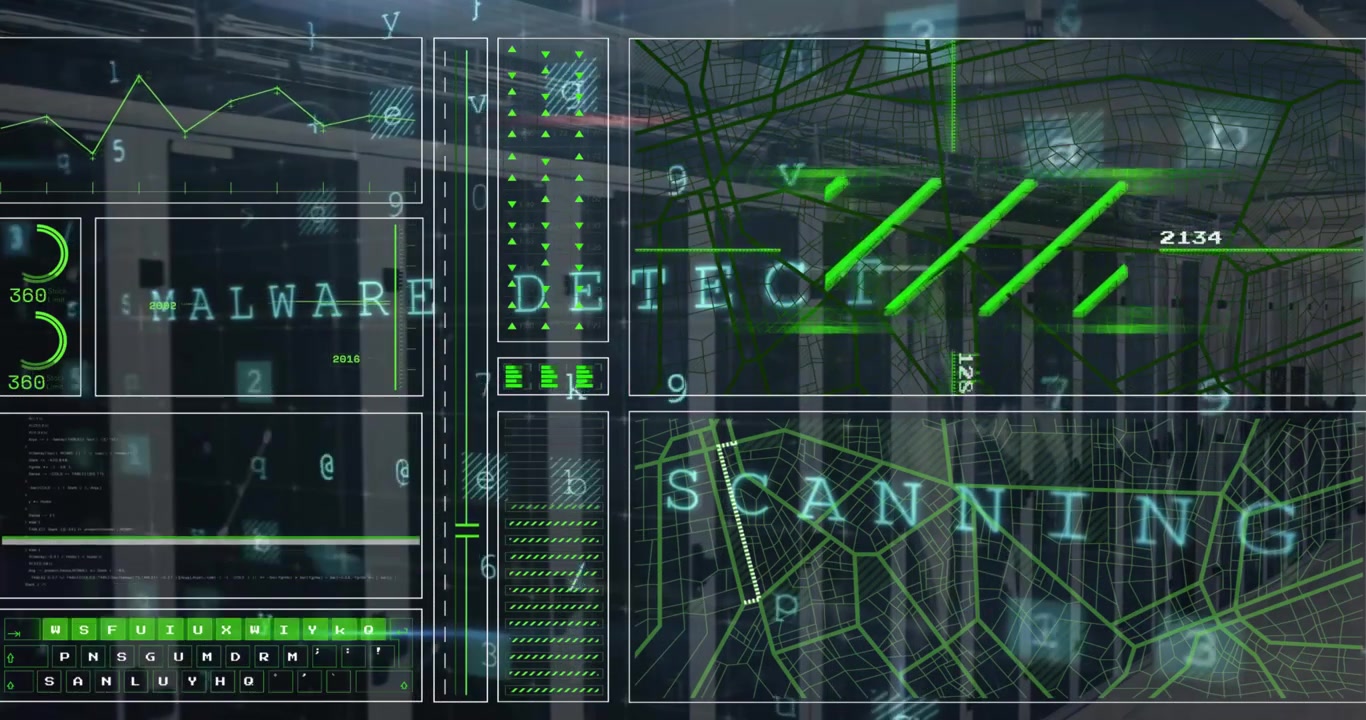 Animation of scanning malware warning text and data processing over computer server room