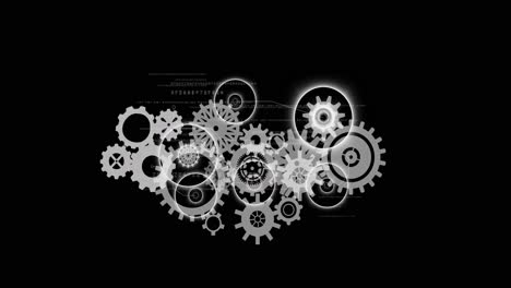 animation of cogs and data processing over black background