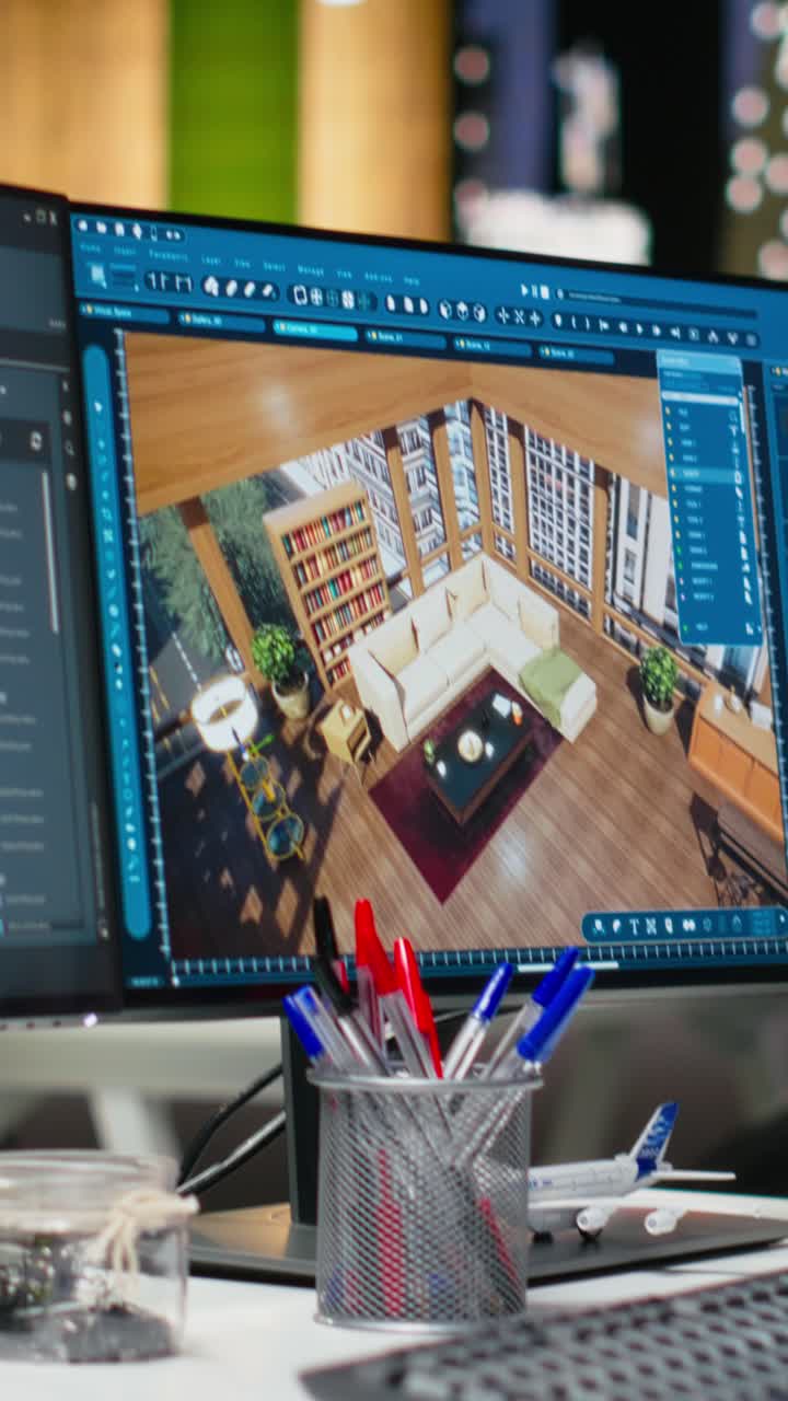 Vertical Video Empty design office with modern desk showcasing blueprint drafting