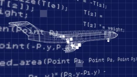 Revolving-plane-model-with-data-on-a-grid-and-blue-background