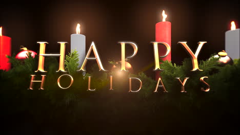 Happy-Holidays-text-with-green-tree-branches-and-candles