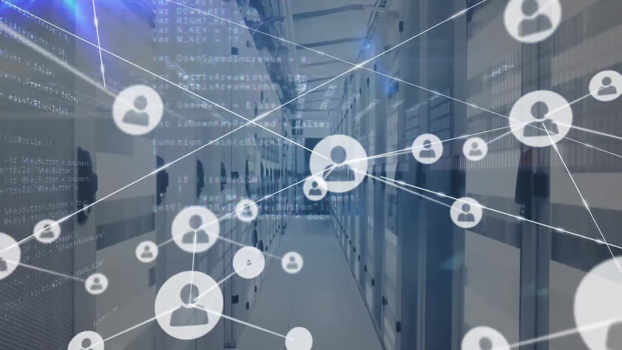 Animation of network of connections with icons and data processing over server room