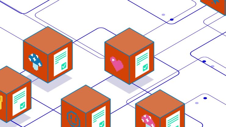 Orange Virtual Blocks NFT CryptoArt Animation on a White Background. Money Transaction. Blockchain Technology. 4K