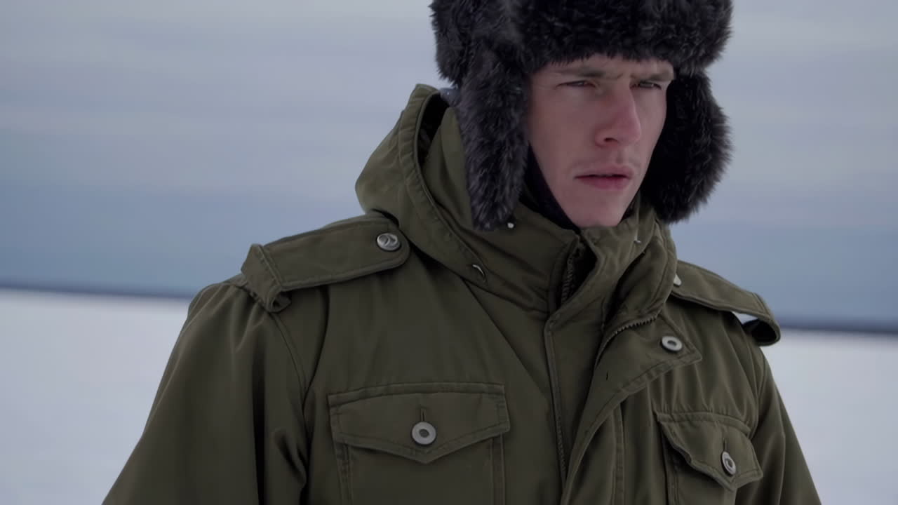 Uomo con abbigliamento invernale in una giornata nevosa