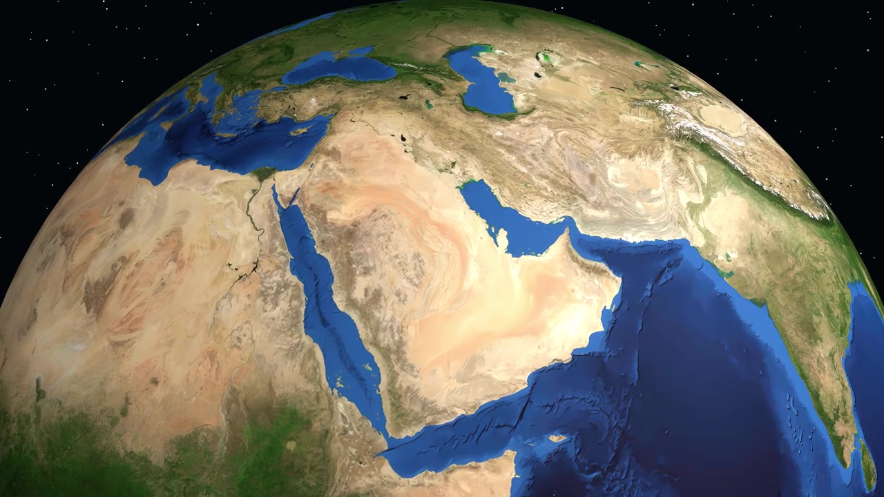 Dijital animasyon, derin uzaydan Dünya'ya yakınlaşarak Suudi Arabistan'ın Riyad şehrini bir işaretleyici ile belirliyor.