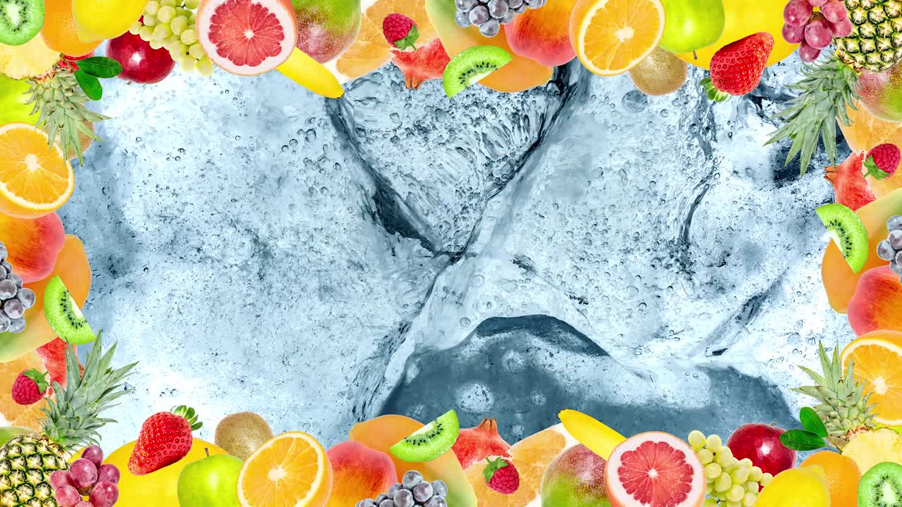 animación de video stop motion creativa de 4k de muchas framas diferentes de frutas exóticas tropicales brillantes que aparecen y desaparecen rápidamente en el fondo de la textura de hielo agrietado. bucle sin costuras.