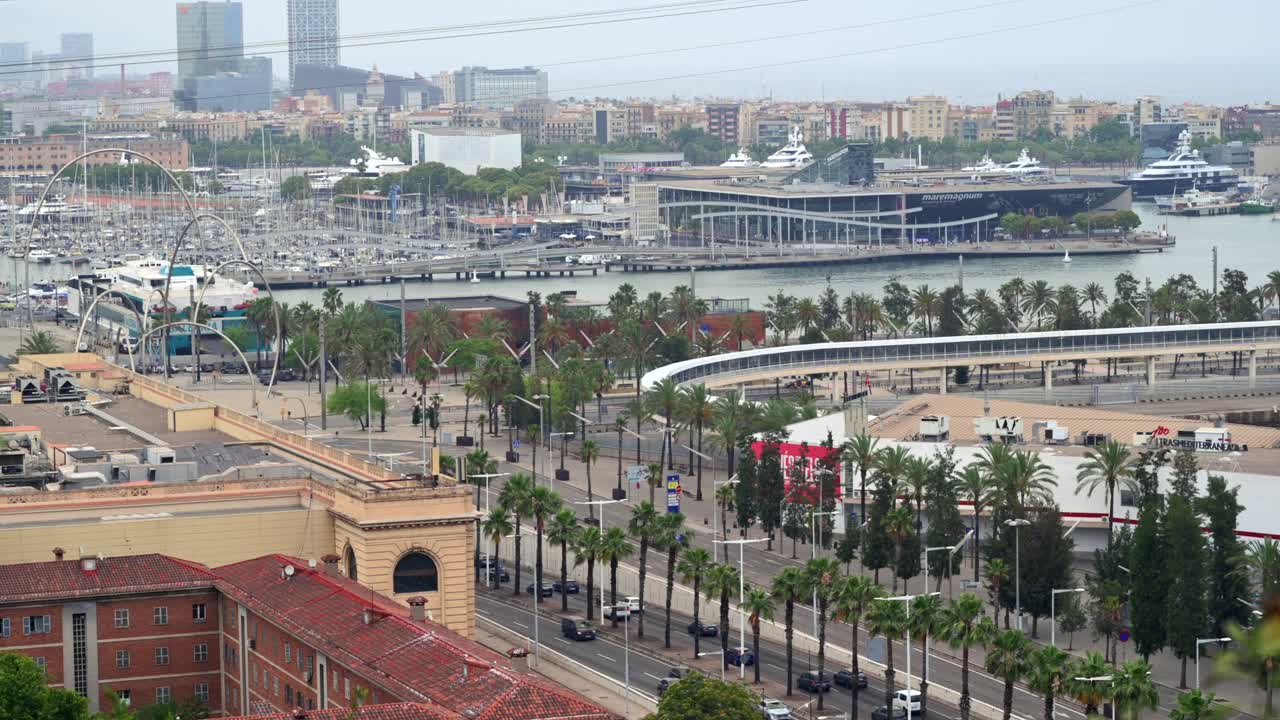 Aerial drone view of Barcelona, Spain on a cloudy day