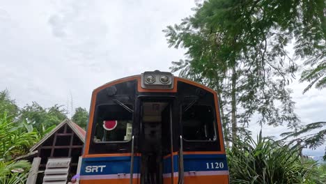 train moves along tracks in lush surroundings