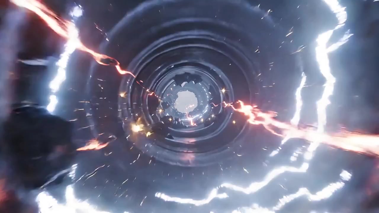 Anello e tunnel di metallo alimentati, scia di energia che trascina detriti oltre la luna verso un'uscita luminosa.