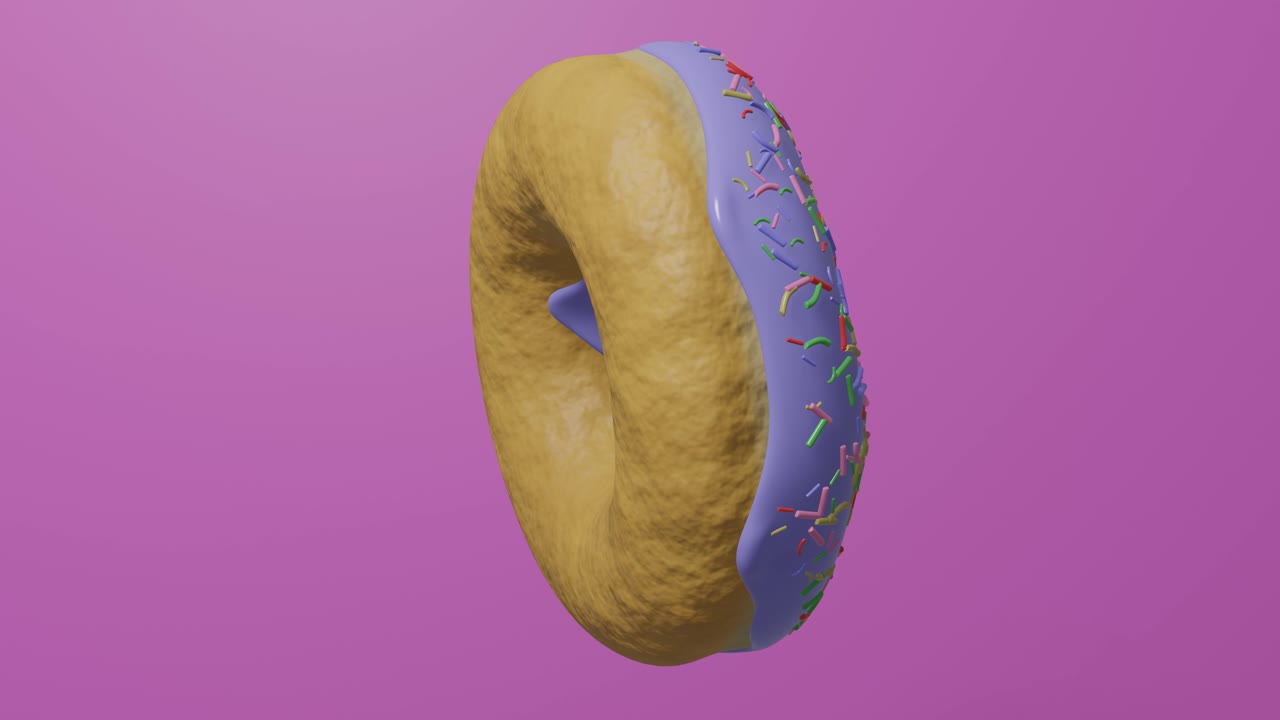 deliciosa rosquilla dulce girando sobre un fondo púrpura. rosquilla salpicada brillante y colorida girando en un fondo pórpura.