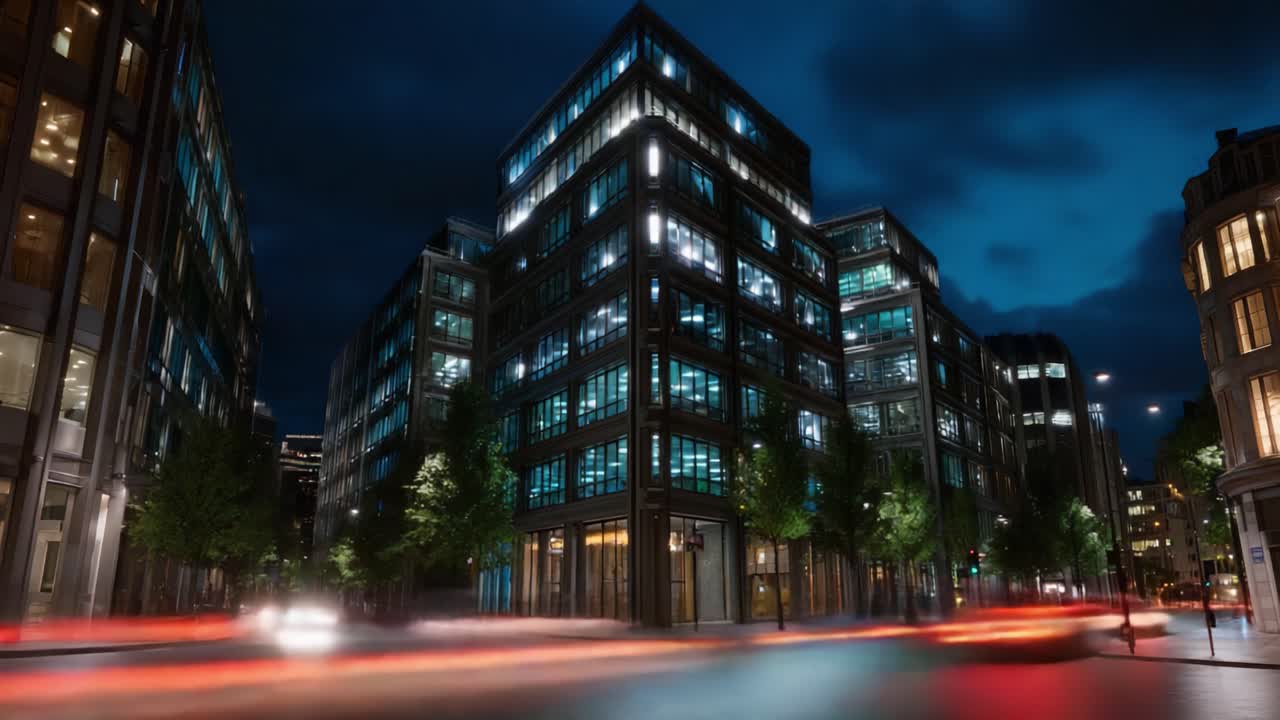 Cena urbana noturna com edifícios modernos e rastros de luz de veículos em movimento sob um céu dramático, exibindo a energia vibrante e a arquitetura de uma cidade