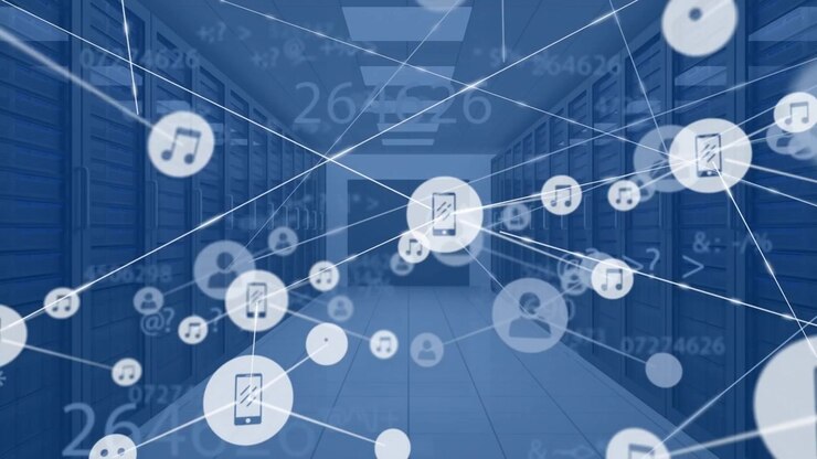Animation of network of connections with icons over computer servers and data processing