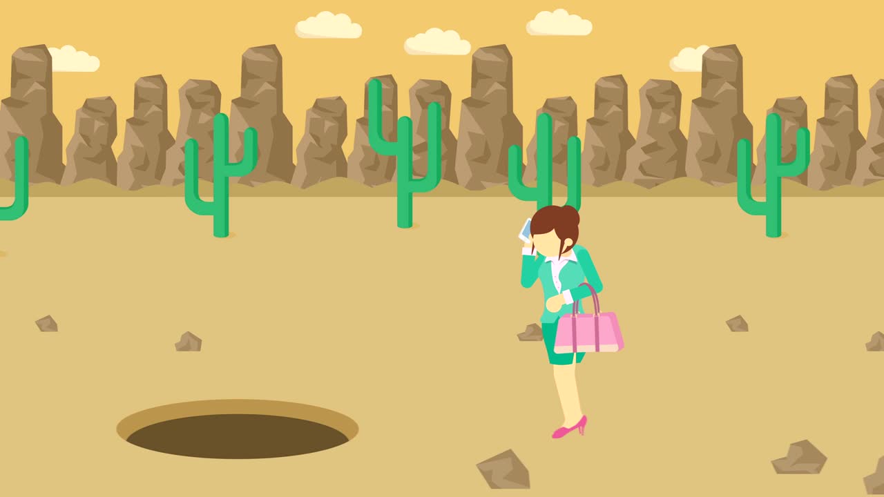 mujer de negocios saltar por encima del agujero. fondo del desierto. concepto de riesgo. ilustración de bucle en estilo plano.