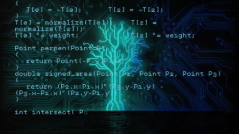 animation of glowing tree motherboard network over data processing on black background