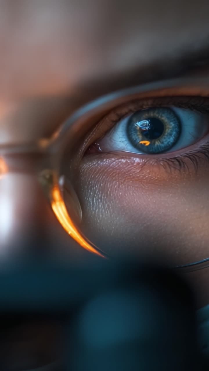 Un'esplorazione ravvicinata di intricati dettagli dell'occhio che mostra colori e texture vibranti, catturando un'intensa messa a fuoco attraverso illuminazione e prospettiva uniche.