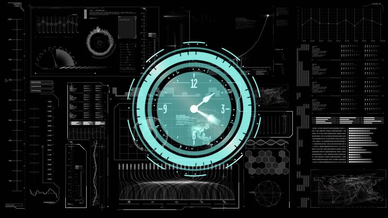Animation of scope scanning with clock over data processing on black background