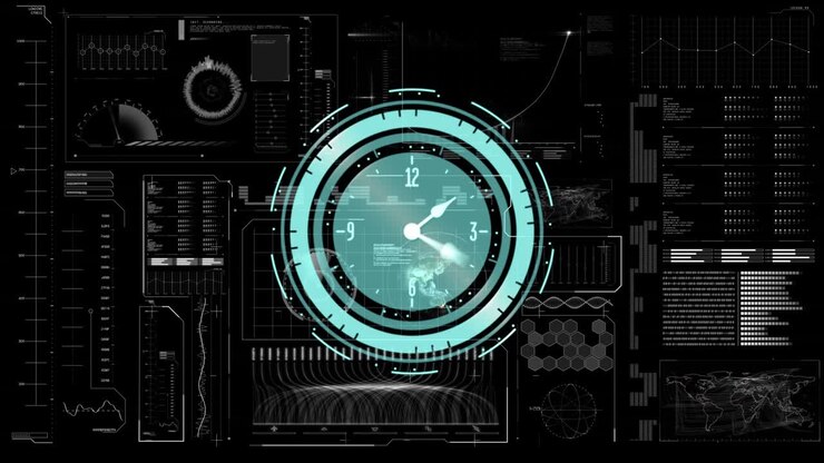 Animation of scope scanning with clock over data processing on black background