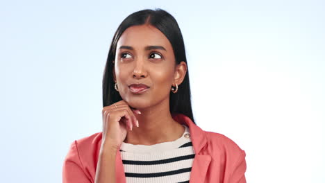 Woman,-thinking-and-pointing-in-portrait