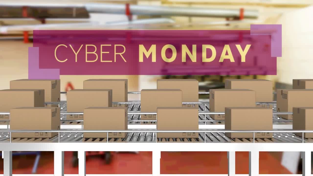 컨베이어 벨트에 있는 카드보드 상자 위에 있는 사이버 월요일 텍스트의 애니메이션