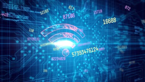 Animation-of-data-processing-with-icons-over-computer-circuit-board-on-black-background