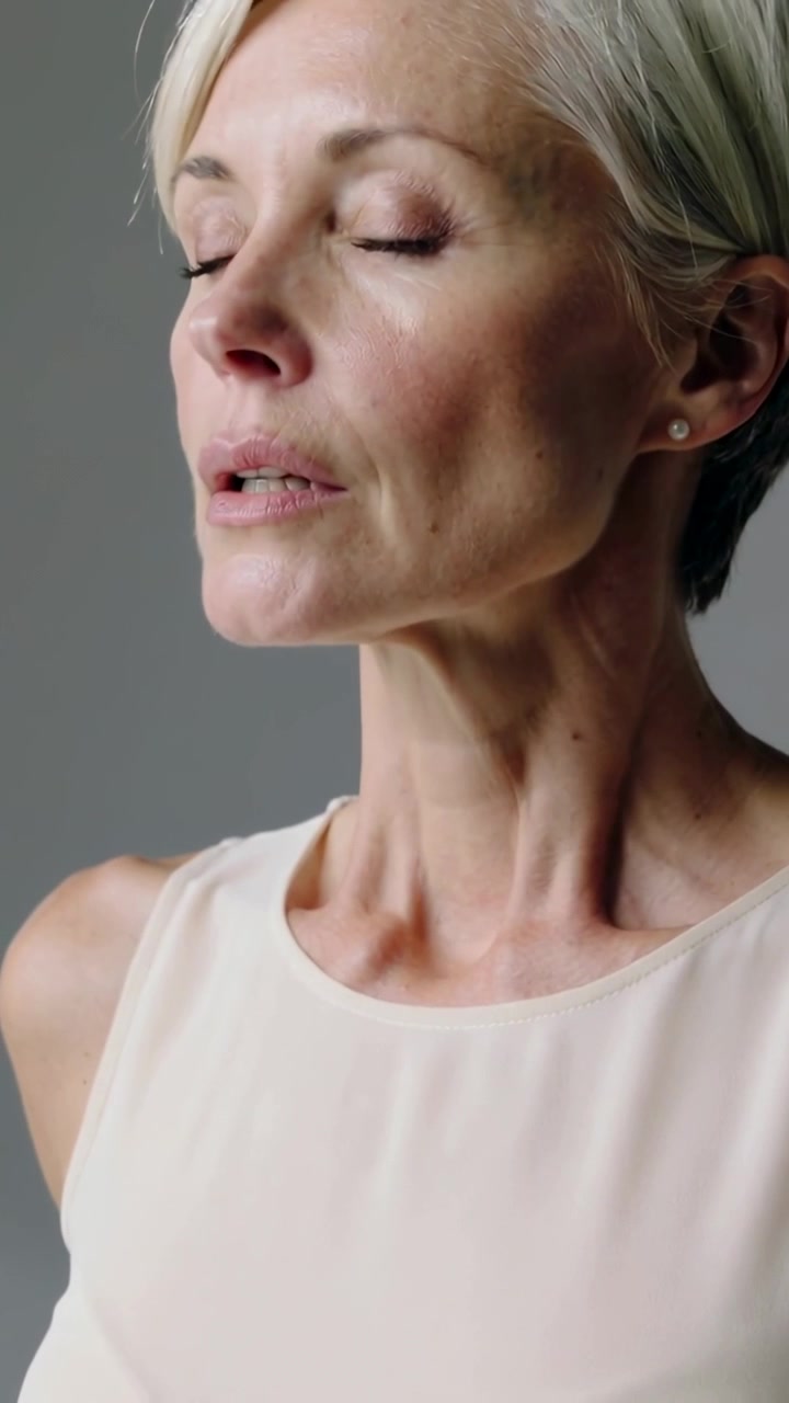 Video verticale: Fotogrammi che scorrono di una donna che alza la testa all'indietro posando in studio, con orecchino di perla e top senza maniche.