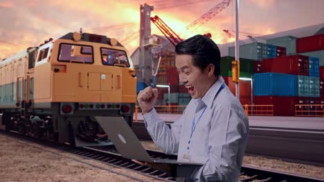 side view of an asian male professional worker standing with his laptop with freight cargo train at port, he raises his fist up with screaming goal