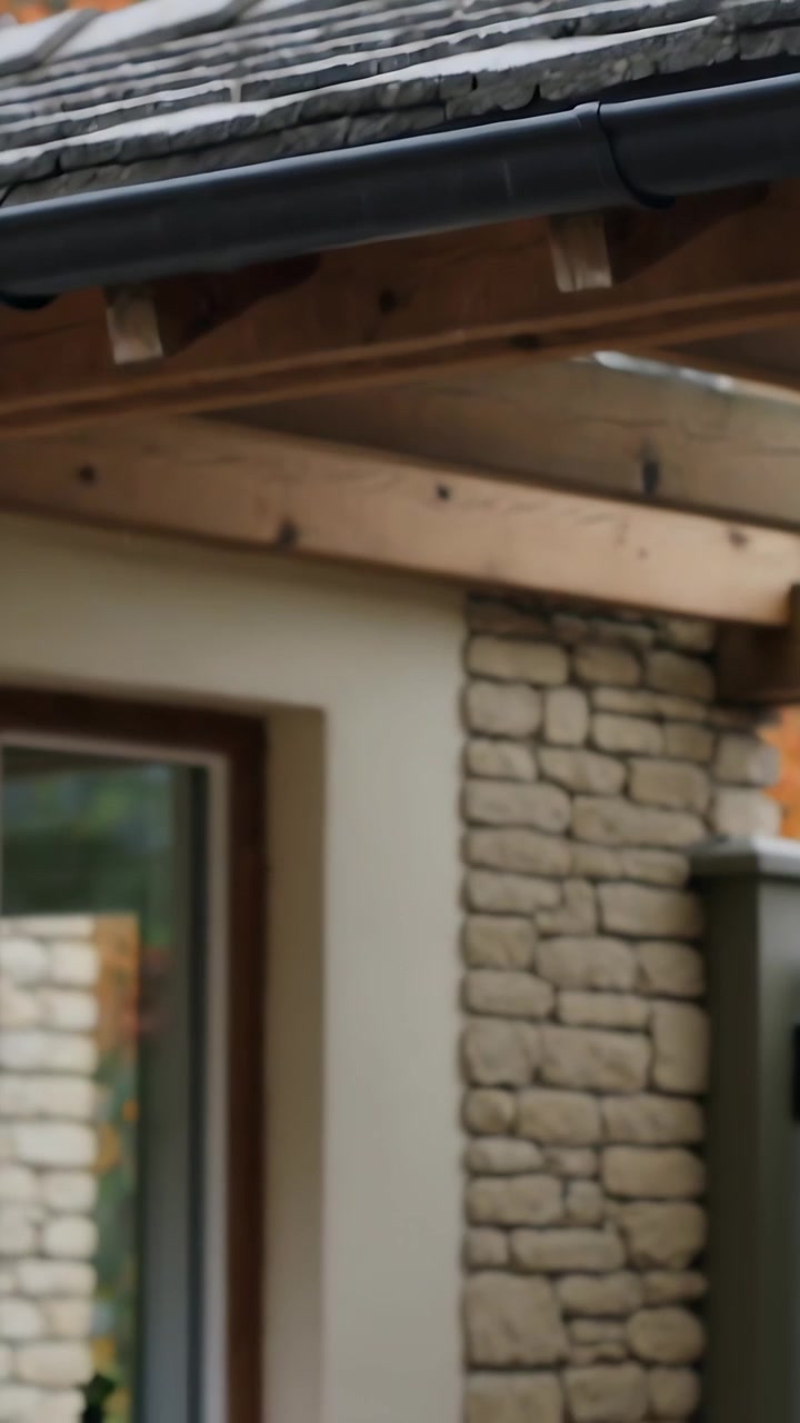 Vertical video: Tilting down camera showing rafters, stone column and sill at house with bottle