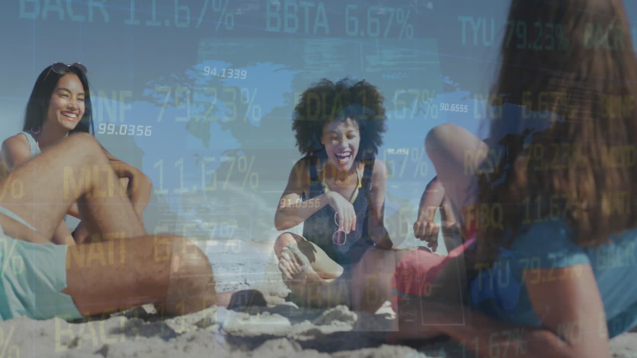 Animation of financial data processing over friends on beach