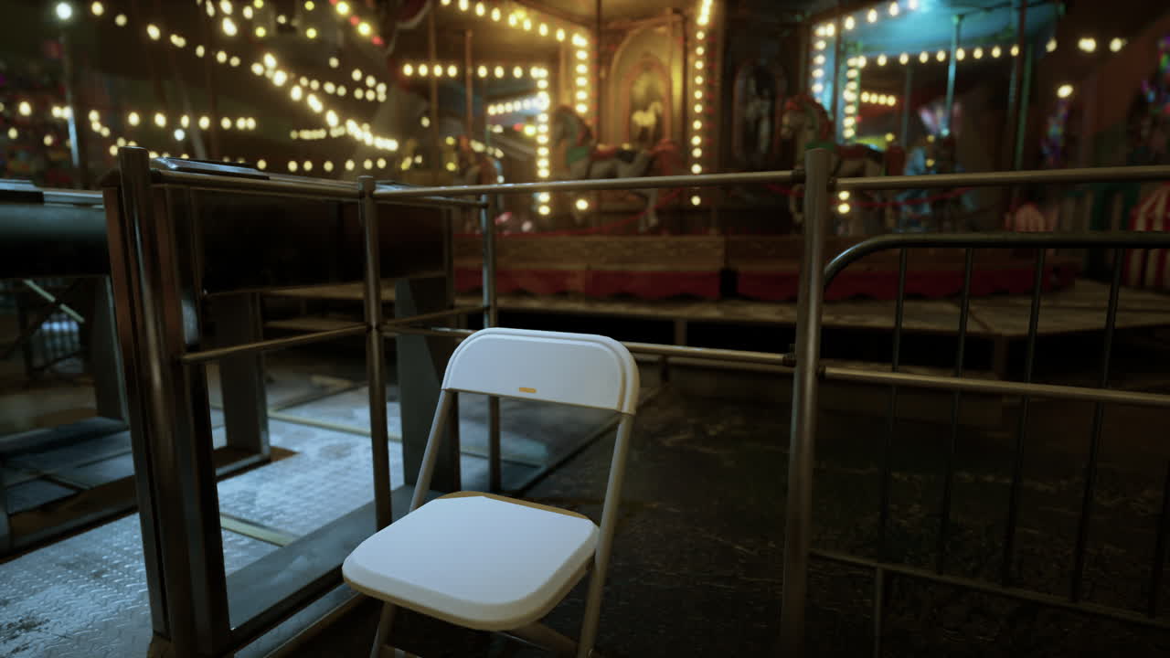 Empty amusement park at night featuring a lonely chair amid dim lights