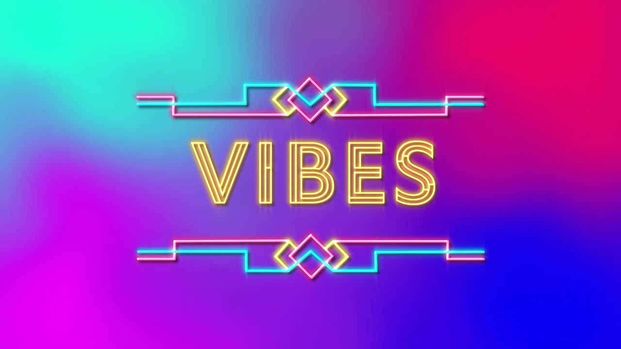 Animazione di testo 'vibes' su sfondo vibrante al neon