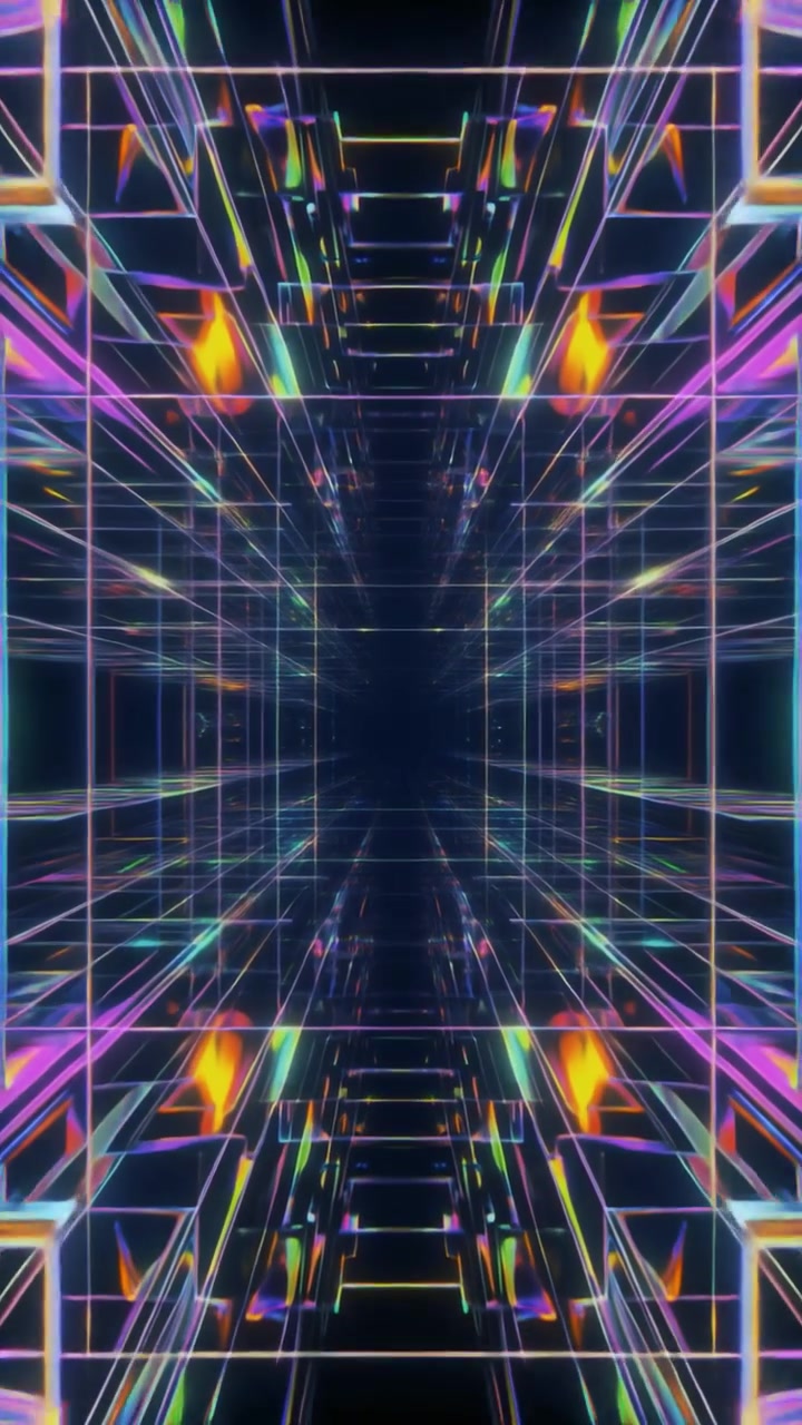 Tunnel a griglia neon astratto che si muove attraverso lo spazio digitale