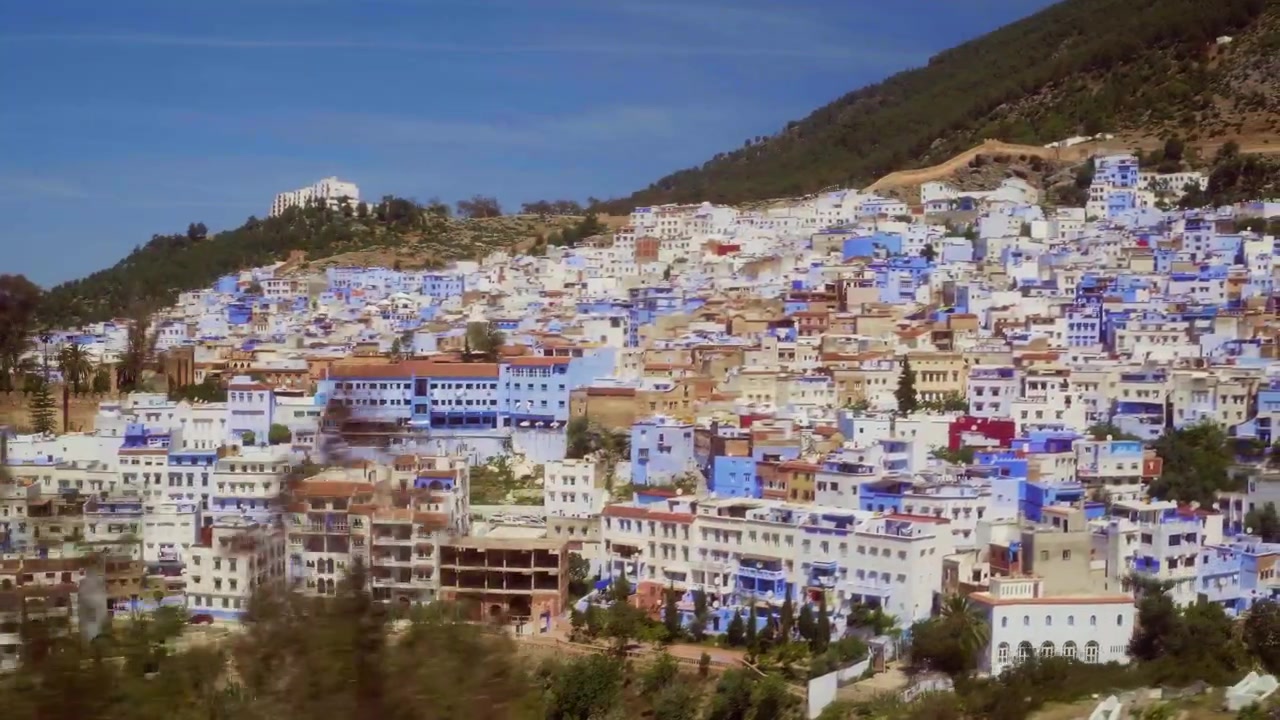 Il drone rivela la medina blu di Chefchaouen attraverso alberi in primo piano su una lussureggiante collina marocchina