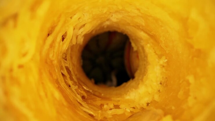 Moving inside the core of a cored out gourd, pushing through to see a great macro view of the textures and details of the interior portions of pulp and flesh of the gourd