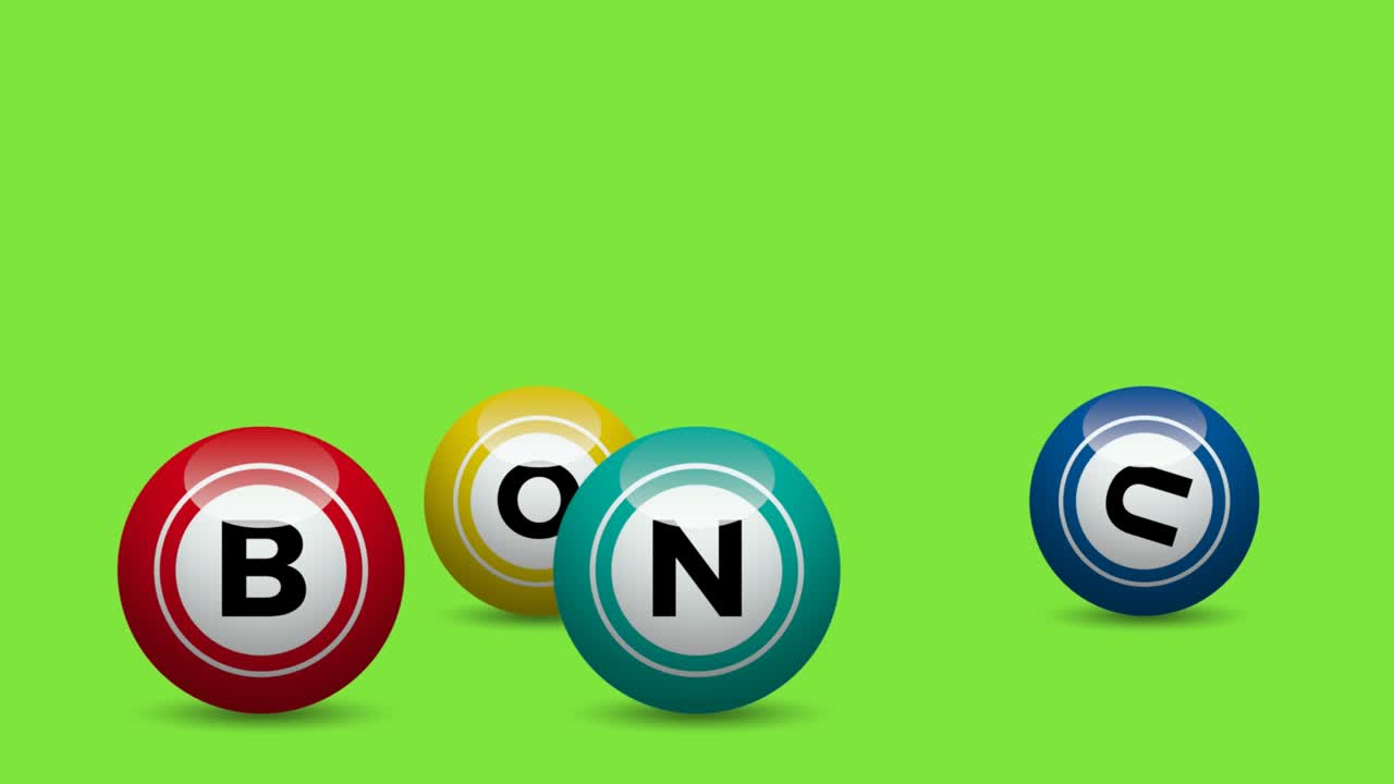 Bonus in bingo lottery, numbered balls rolling of lotto. Animated illustration on green background for chroma key