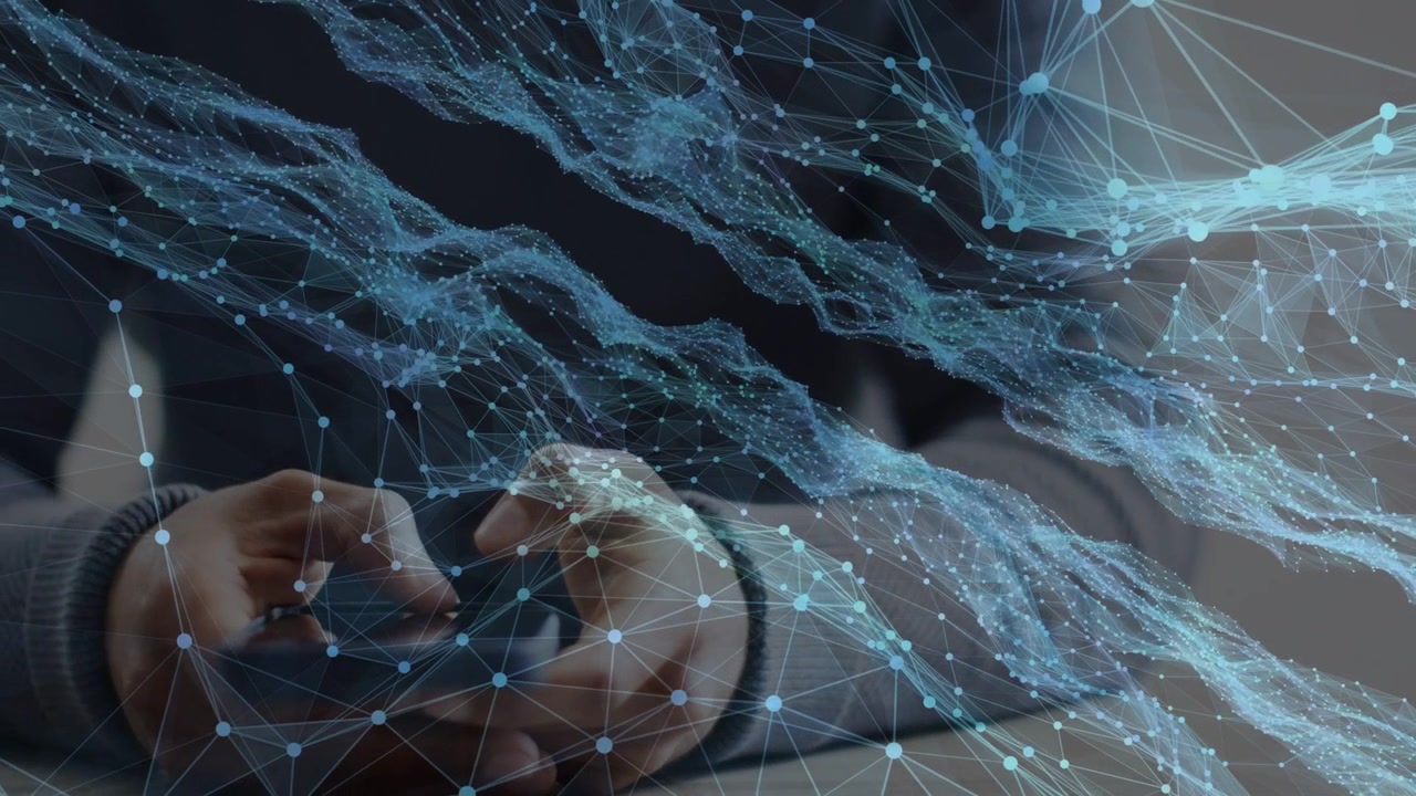 Man tapping smartphone on couch, thumb tapping initiating blue network overlay, exploring tech data