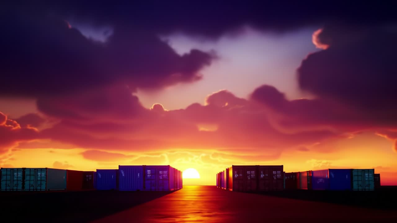 A breathtaking view of shipping containers silhouetted against a stunning sunset, capturing the vibrant colors of dusk as the sun dips below the horizon in a serene landscape.