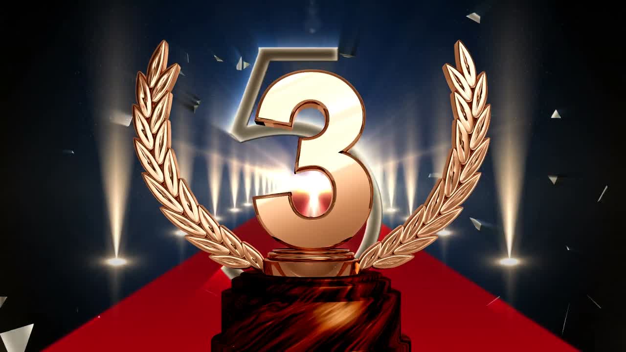 Animazione di un trofeo per il terzo posto a una cerimonia di premiazione dei vincitori sotto i riflettori, con tappeto rosso.