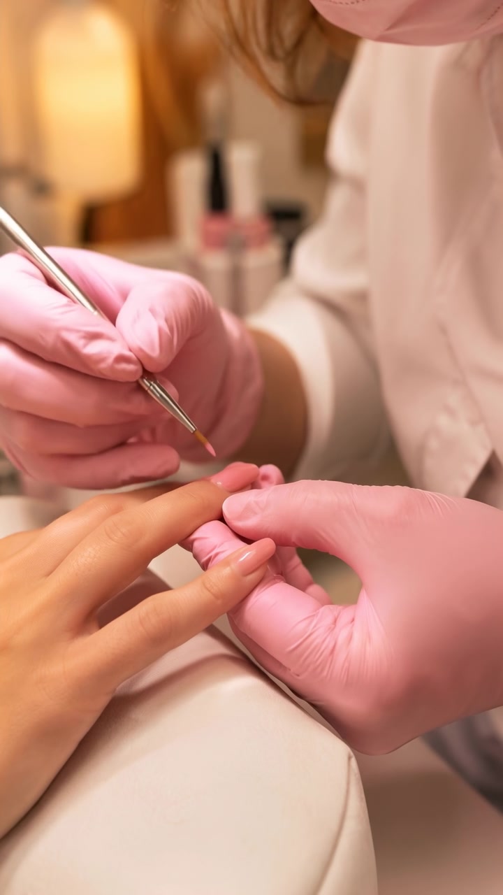 Gloved technician applies clear polish to client fingernail using fine metal brush while steadying finger on padded armrest, with close vertical framing highlighting precise hand movement, salon care