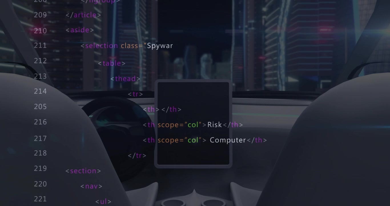 Neon-city drive starting HTML overlay building table and security links in cabin AR interface