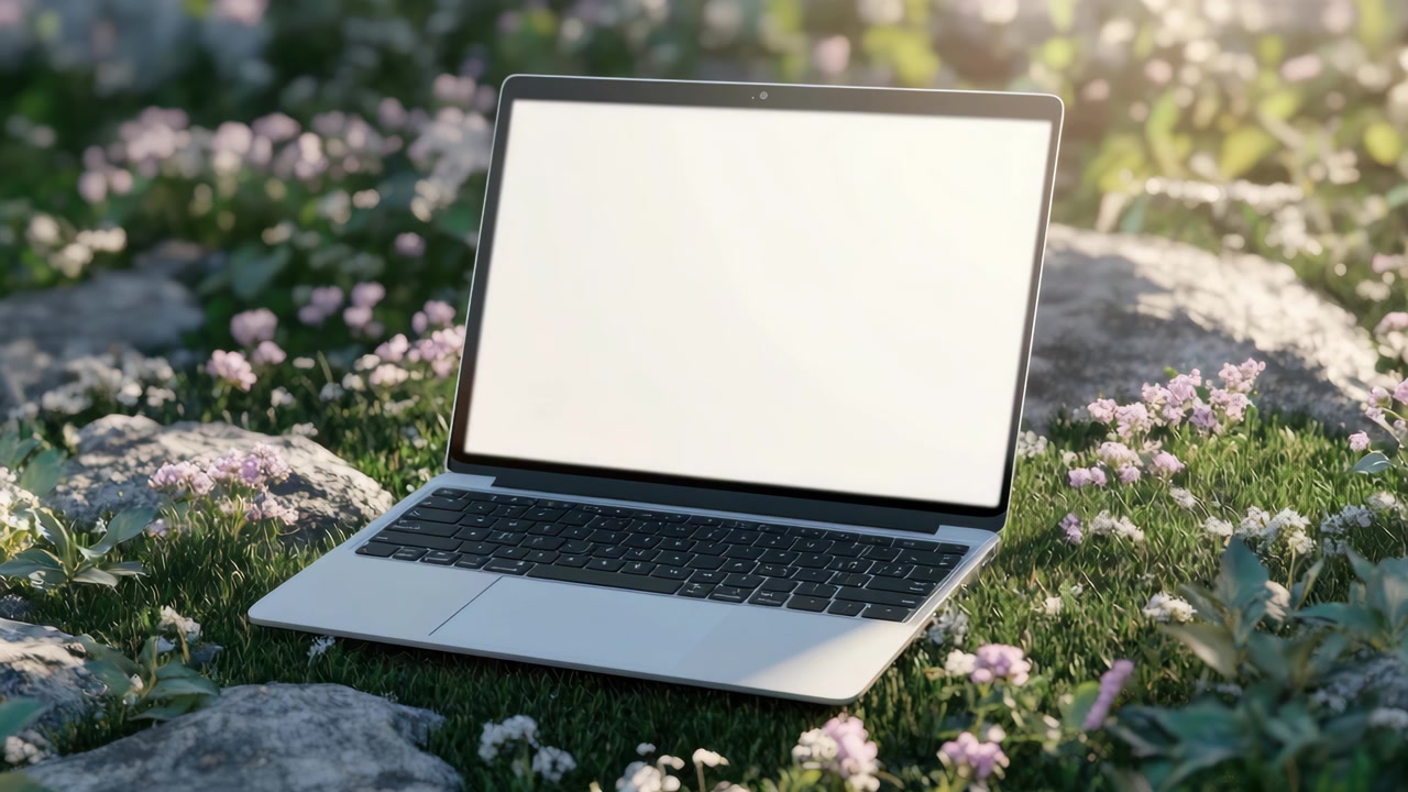 Bærbar computer med tom hvid skærm, der hviler på en græsklædt eng