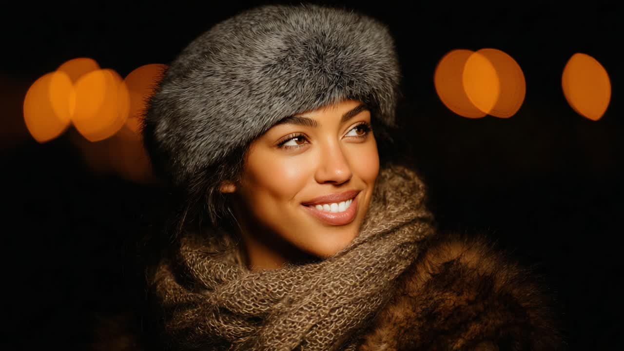 En strålende ung kvinne smiler varmt, iført en stilig pelslue og et skjerf, omgitt av myke bokeh-lys i en koselig kveldsstemning